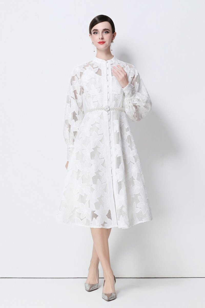 Elegant Floral Lace Pearl Belt Midi Dress