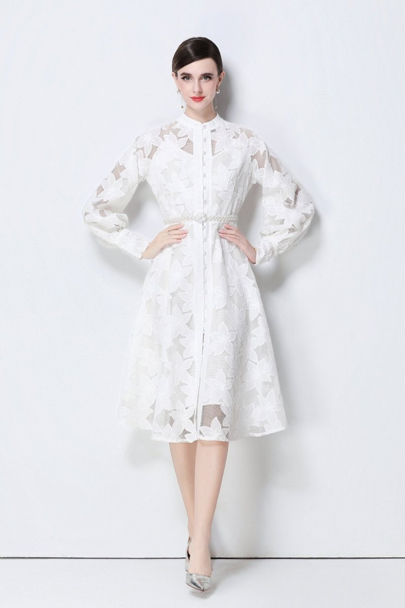 Elegant Floral Lace Pearl Belt Midi Dress