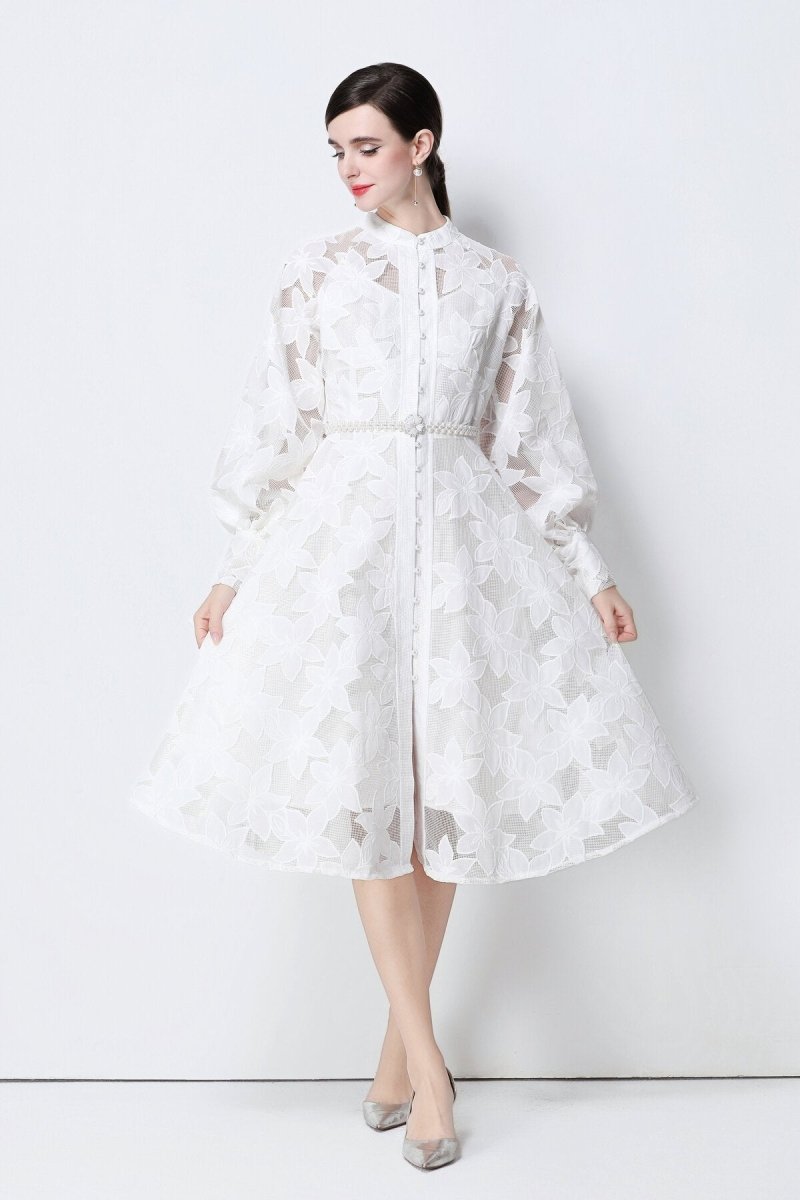 Elegant Floral Lace Pearl Belt Midi Dress