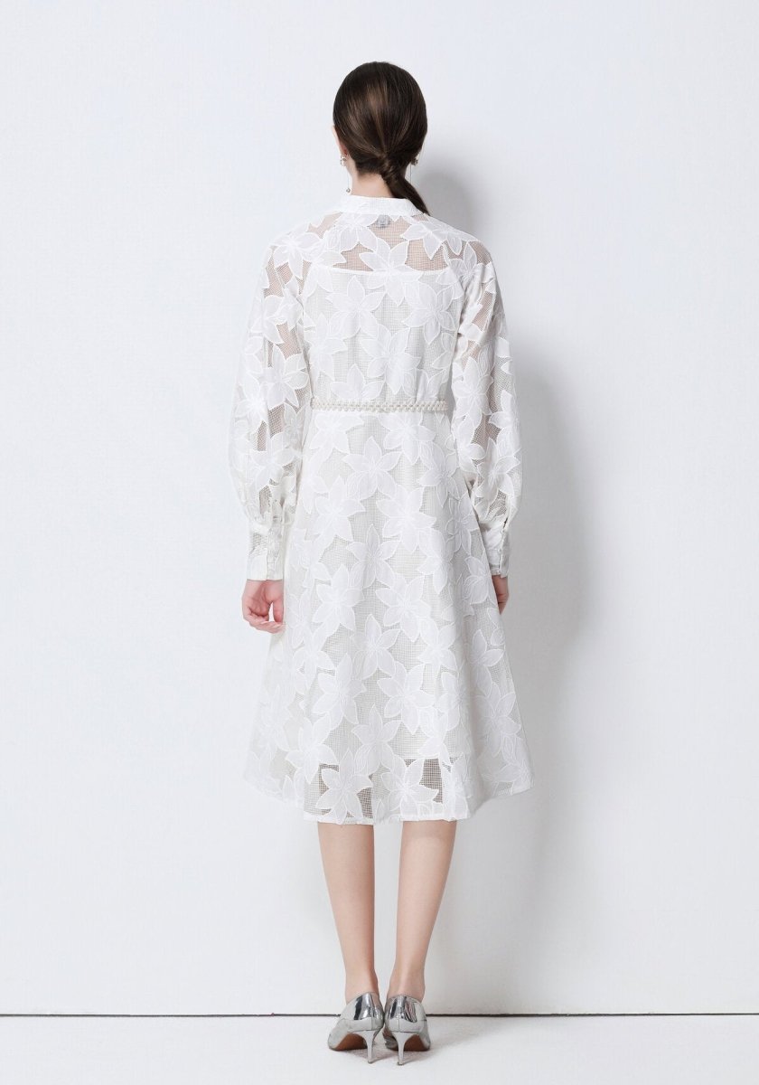 Elegant Floral Lace Pearl Belt Midi Dress