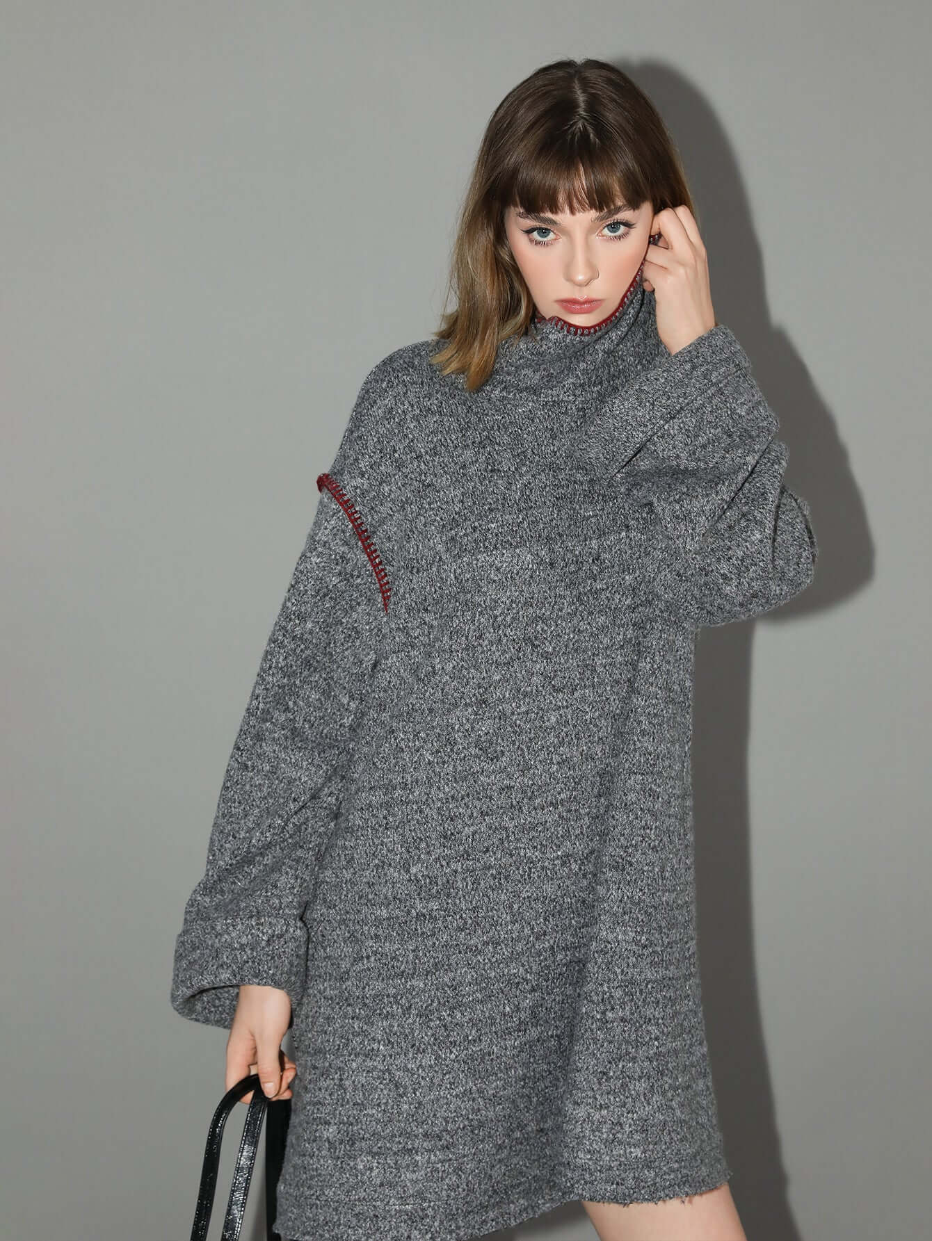 elegant high neck grey knitted dress all grey 3