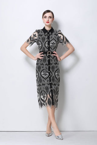 Elegant Lace Belted Midi Shirt Dress