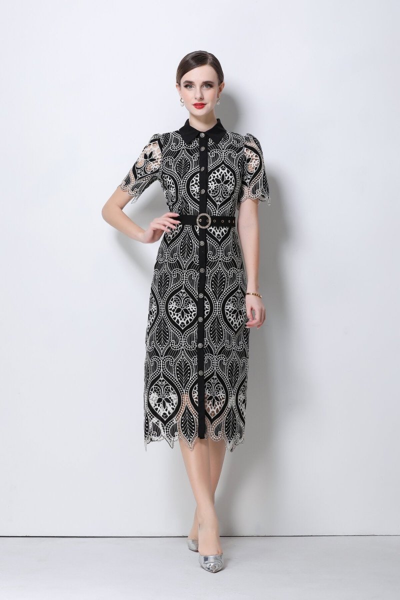 Elegant Lace Belted Midi Shirt Dress