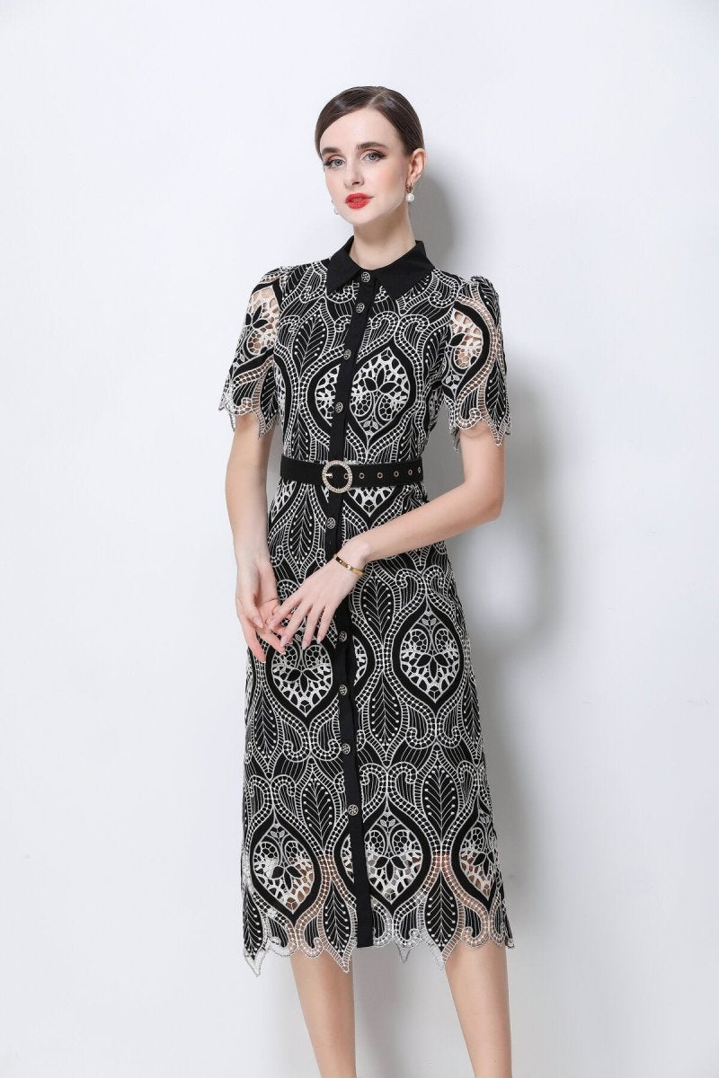 Elegant Lace Belted Midi Shirt Dress