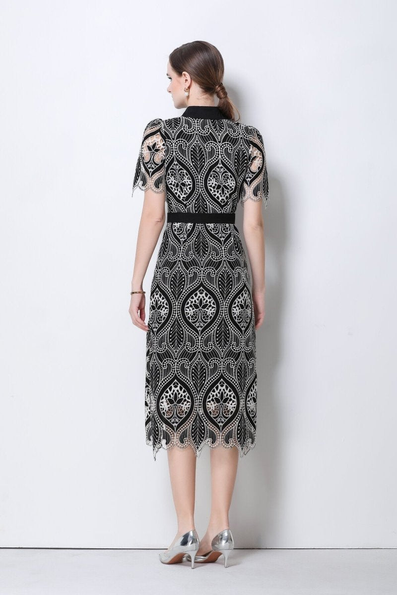 Elegant Lace Belted Midi Shirt Dress