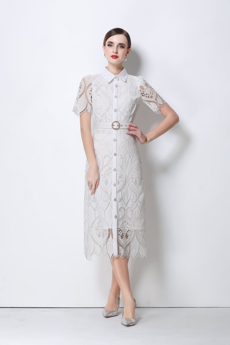 Elegant Lace Belted Midi Shirt Dress