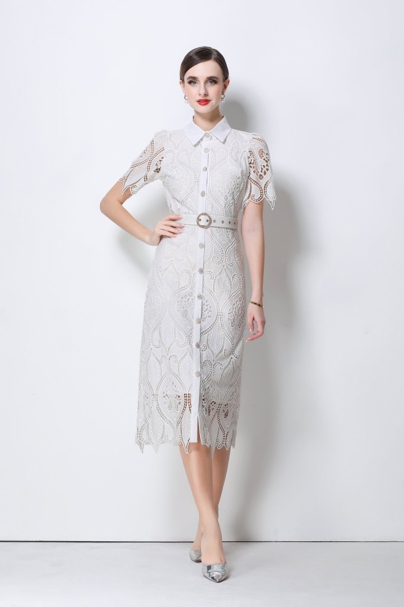 Elegant Lace Belted Midi Shirt Dress for Women Short Sleeve Slim Fit