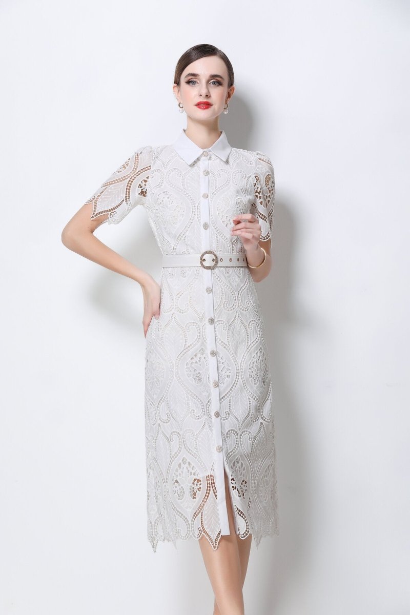 Elegant Lace Belted Midi Shirt Dress