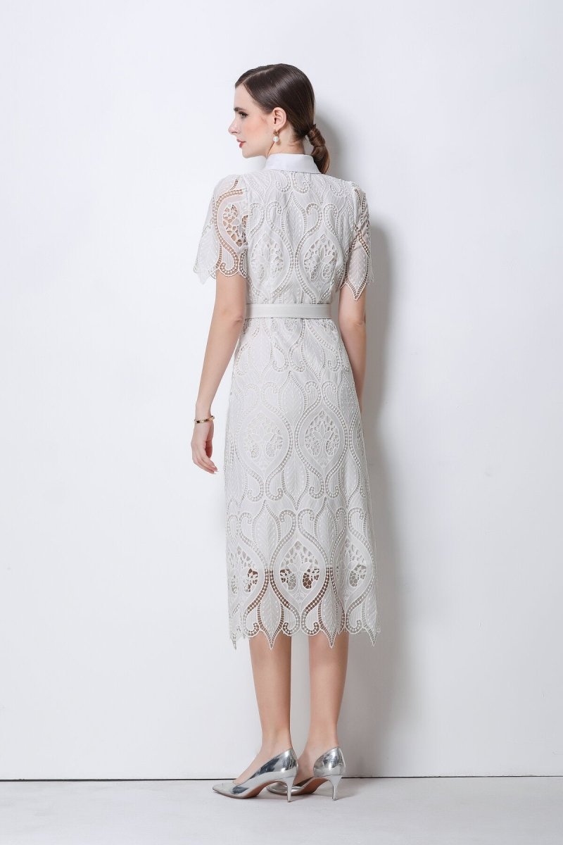 Elegant Lace Belted Midi Shirt Dress