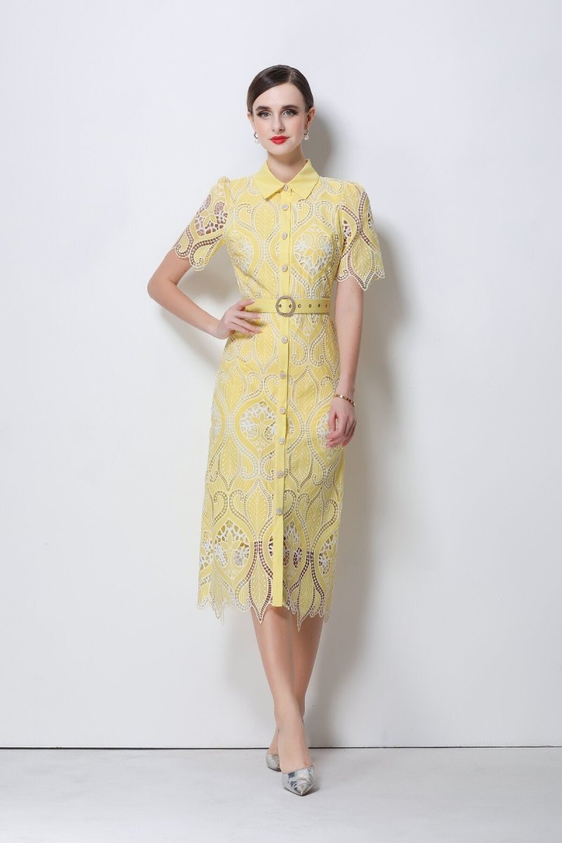 Elegant Lace Belted Midi Shirt Dress