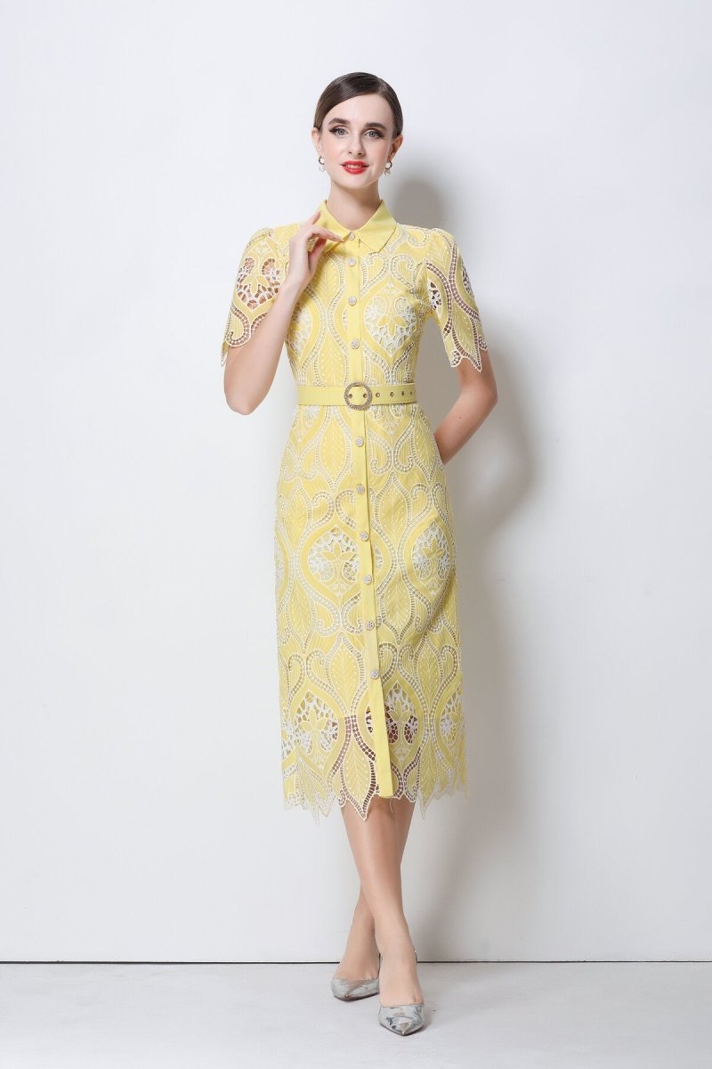 Elegant Lace Belted Midi Shirt Dress