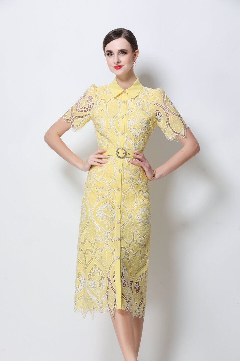 Elegant Lace Belted Midi Shirt Dress