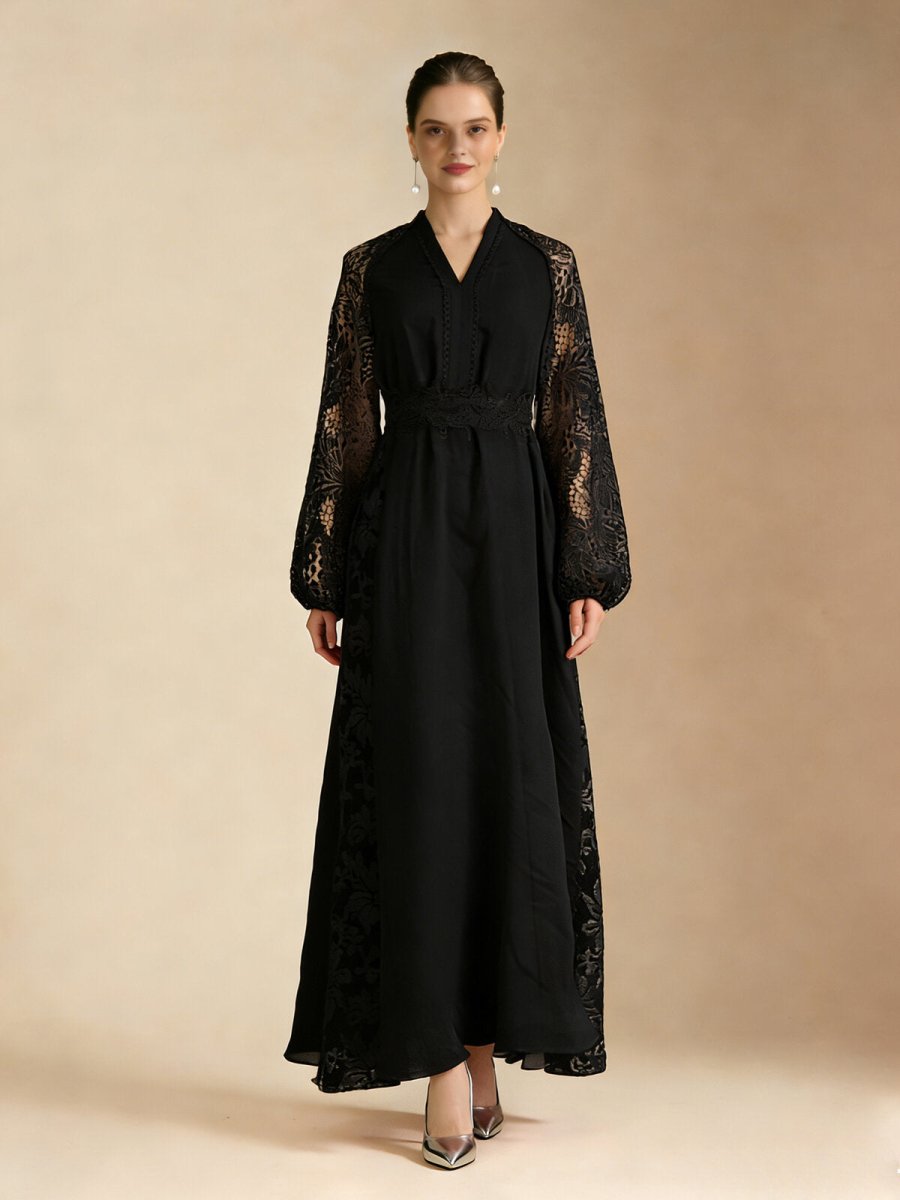 Elegant Lace Sleeve Chiffon Maxi Dress