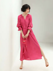 Elegant Pleated Rosebud Pink Blossom Shirt Dress