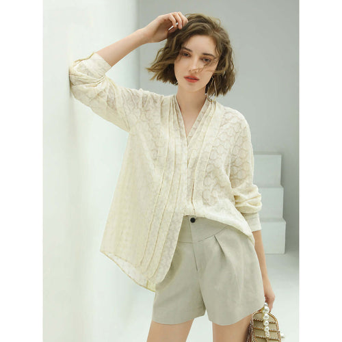 Elegant Pleated V Neck Apricot Chiffon Shirt