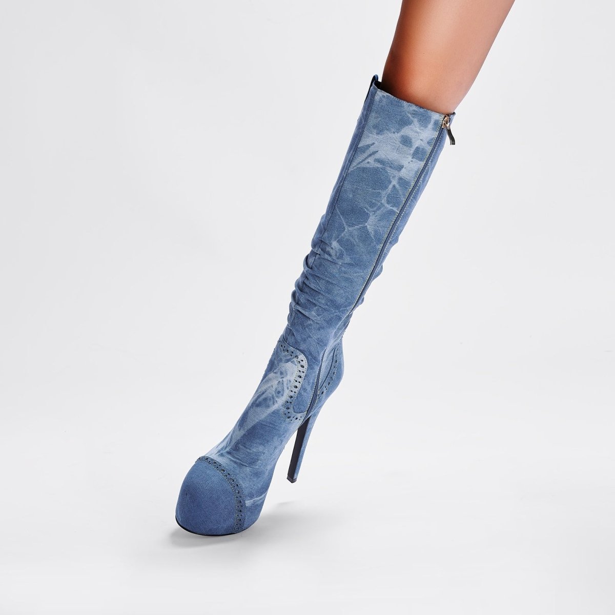 Elegant Pointed Toe Knee High Denim Stiletto Boots - 0cm