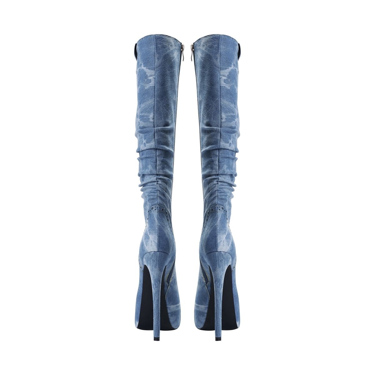 Elegant Pointed Toe Knee High Denim Stiletto Boots - 0cm