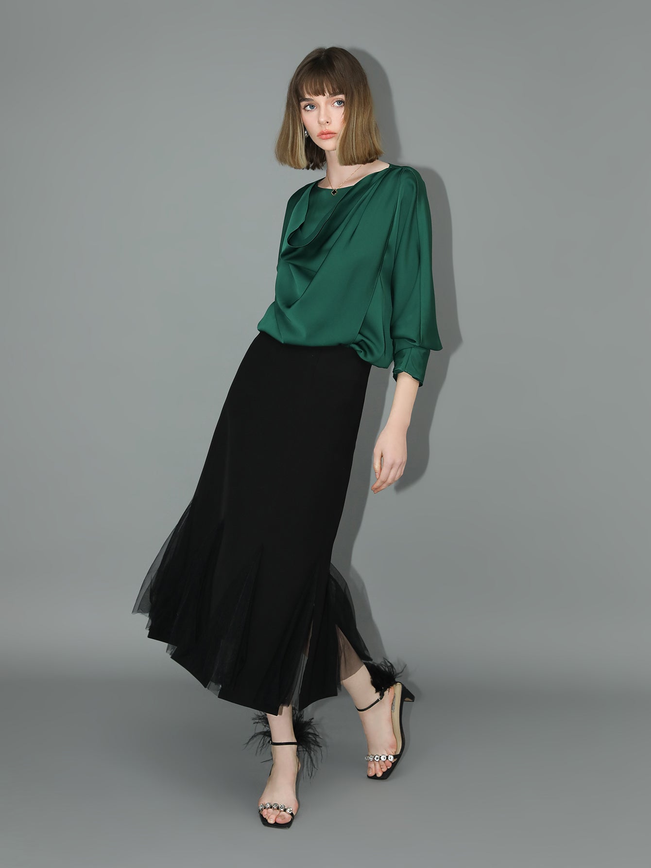 elegant scarf collar satin blouse all green 2