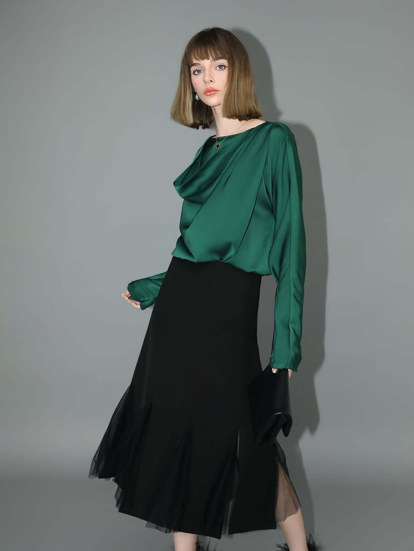 elegant scarf collar satin blouse all green 3