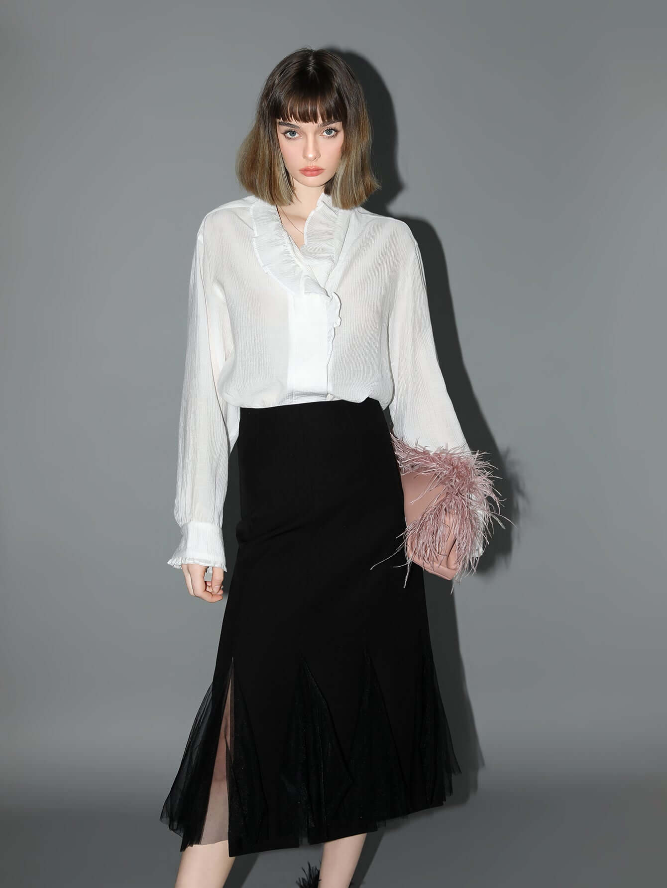 elegant scarf collar satin blouse all white 1