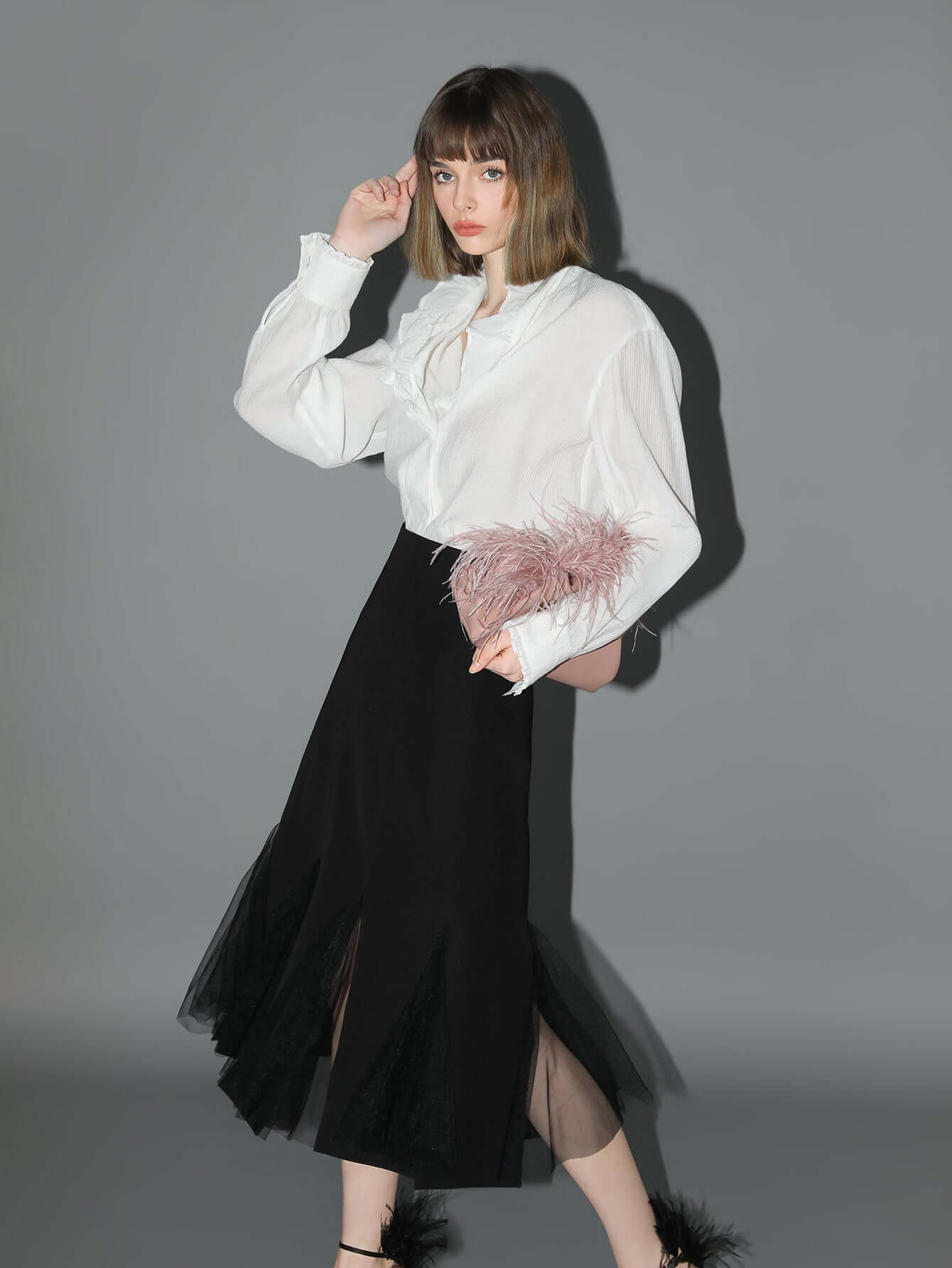 elegant scarf collar satin blouse all white 2