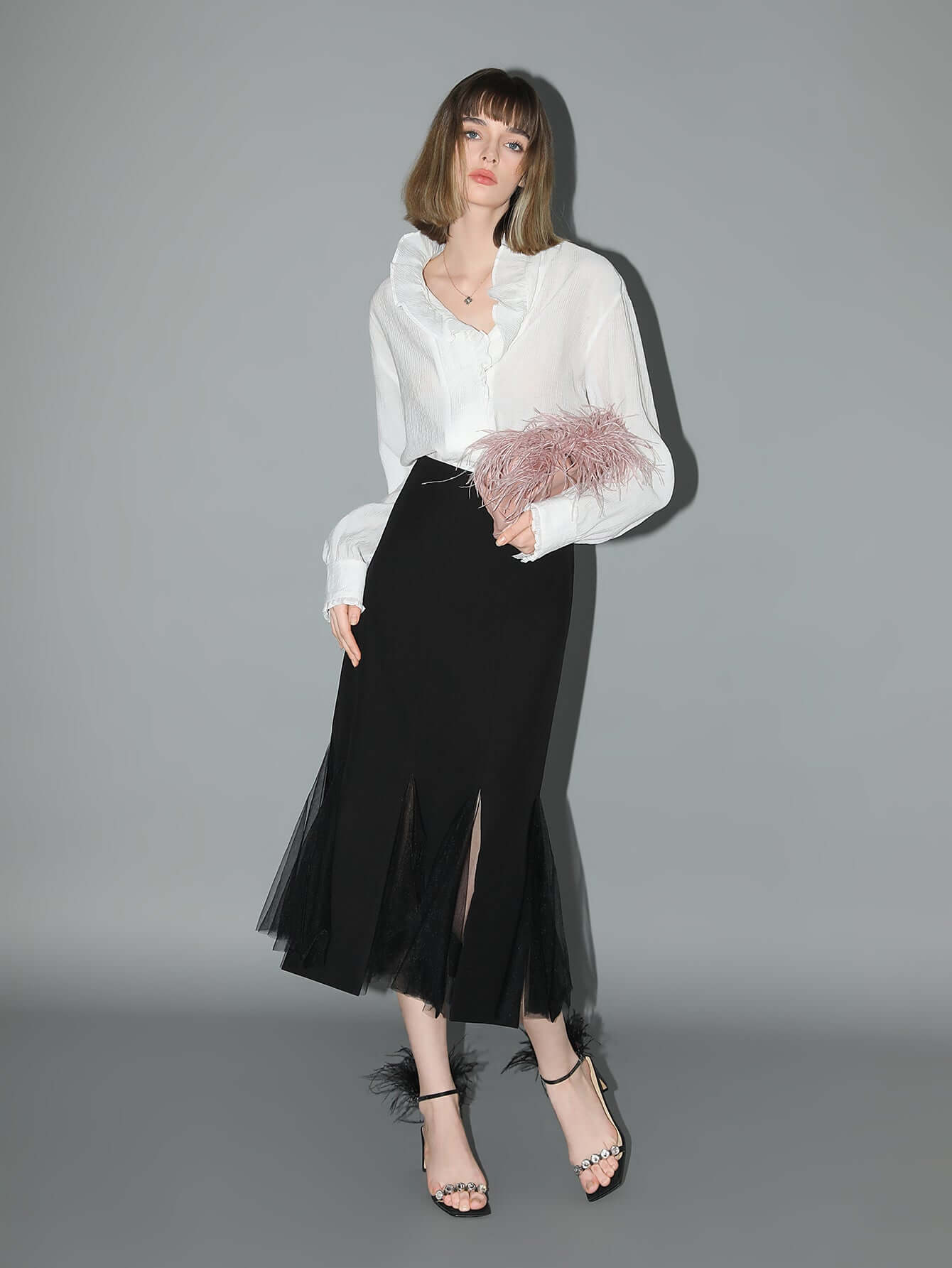 elegant scarf collar satin blouse all white 3