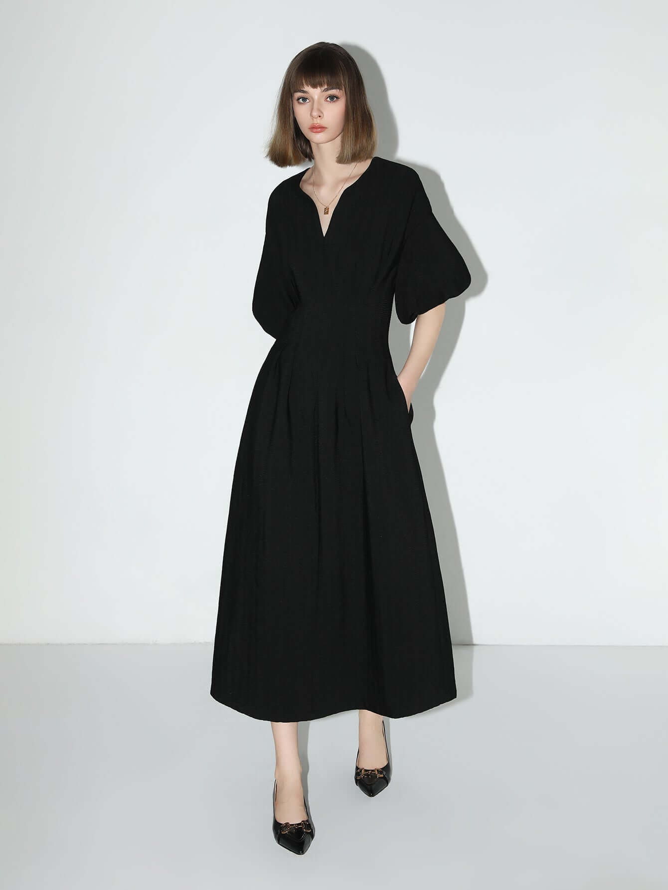 elegant textured pleated french tea dress all black 1