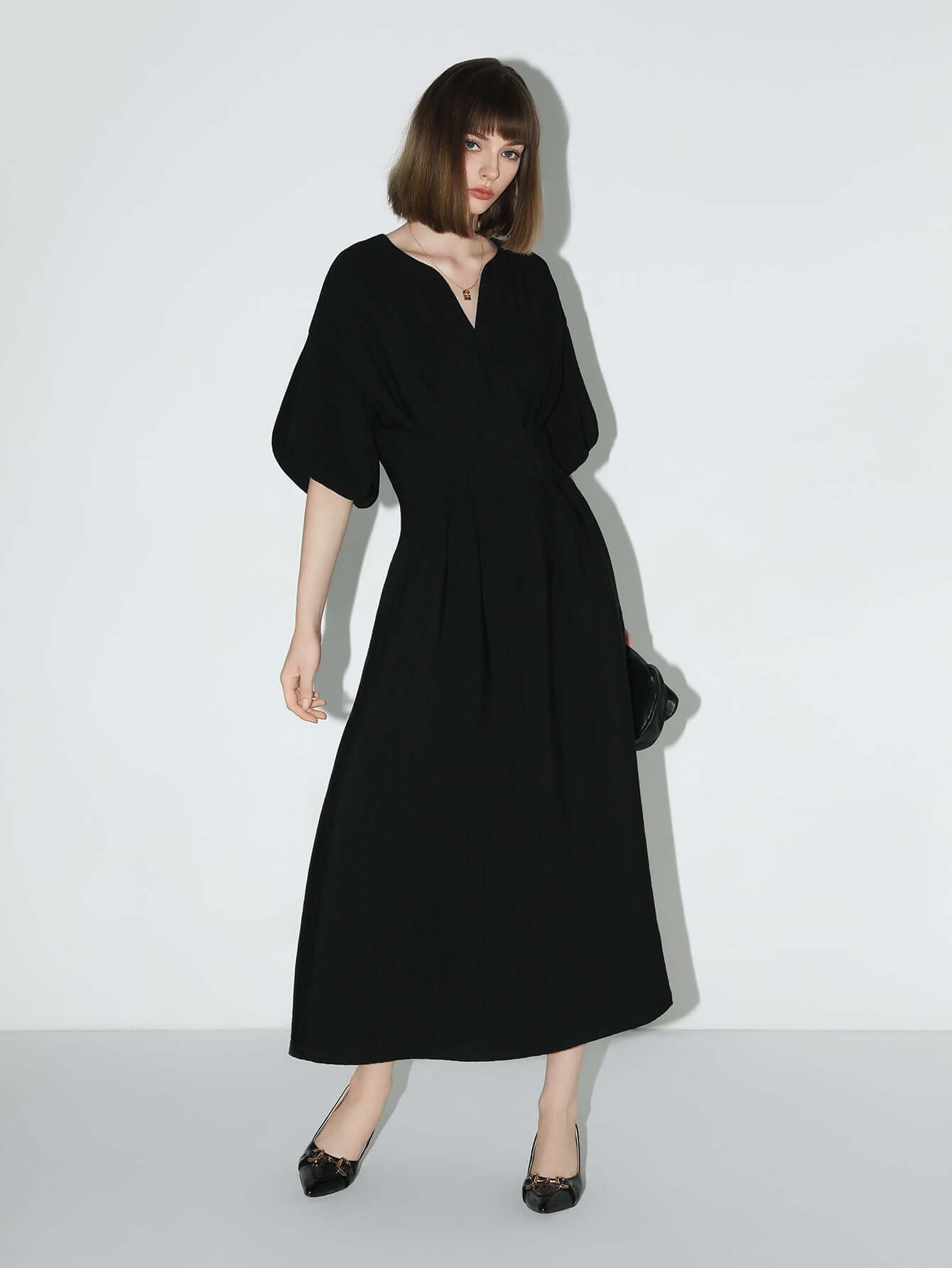 elegant textured pleated french tea dress all black 2