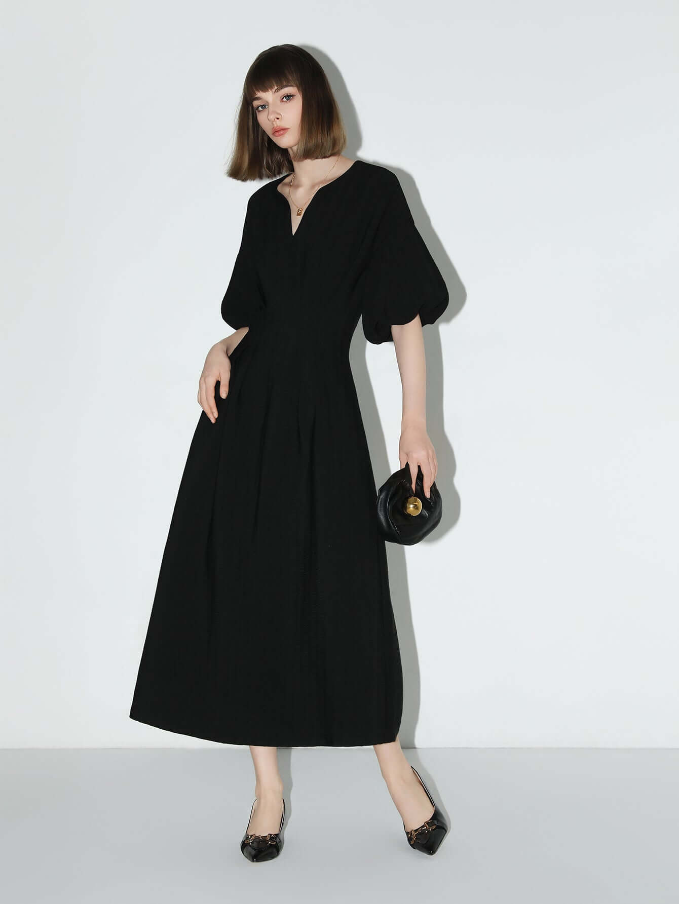 elegant textured pleated french tea dress all black 3