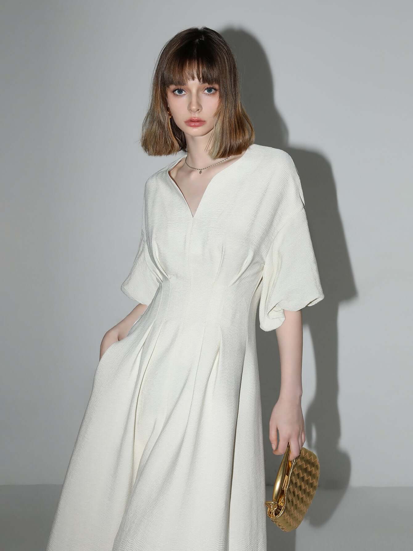 elegant textured pleated french tea dress all white 1