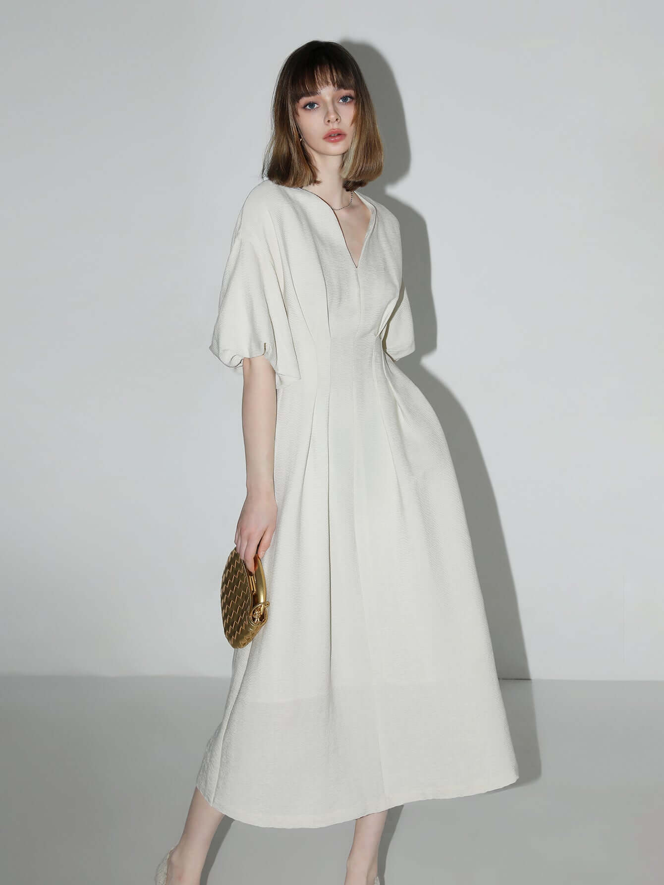 elegant textured pleated french tea dress all white 2