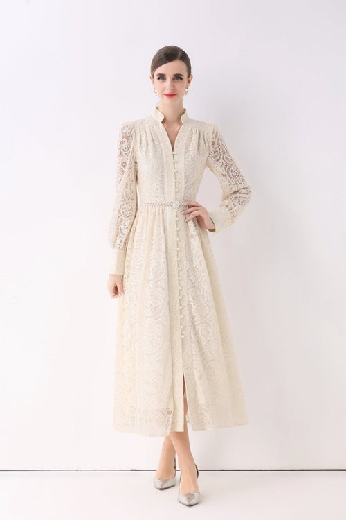 Elegant Vintage Lace Pearl Belt Maxi Dress
