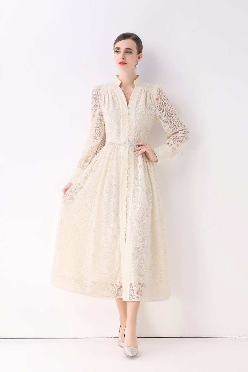 Elegant Vintage Lace Pearl Belt Maxi Dress