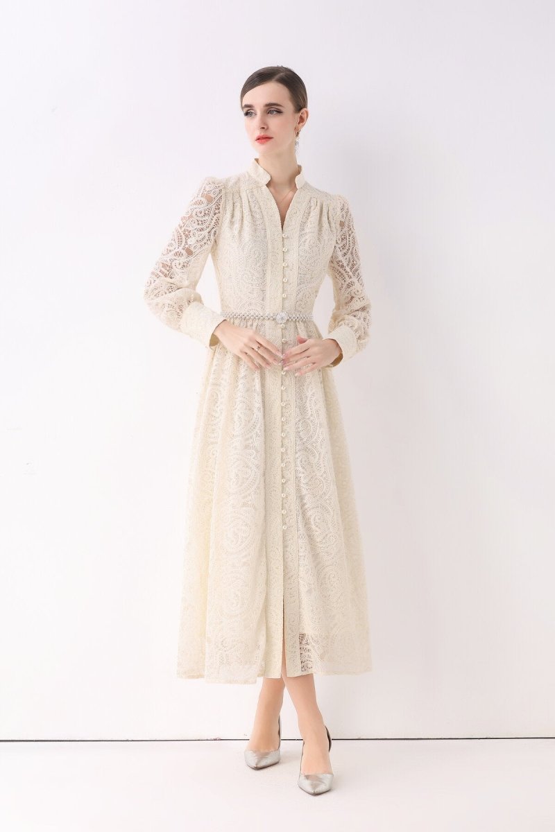 Elegant Vintage Lace Pearl Belt Maxi Dress