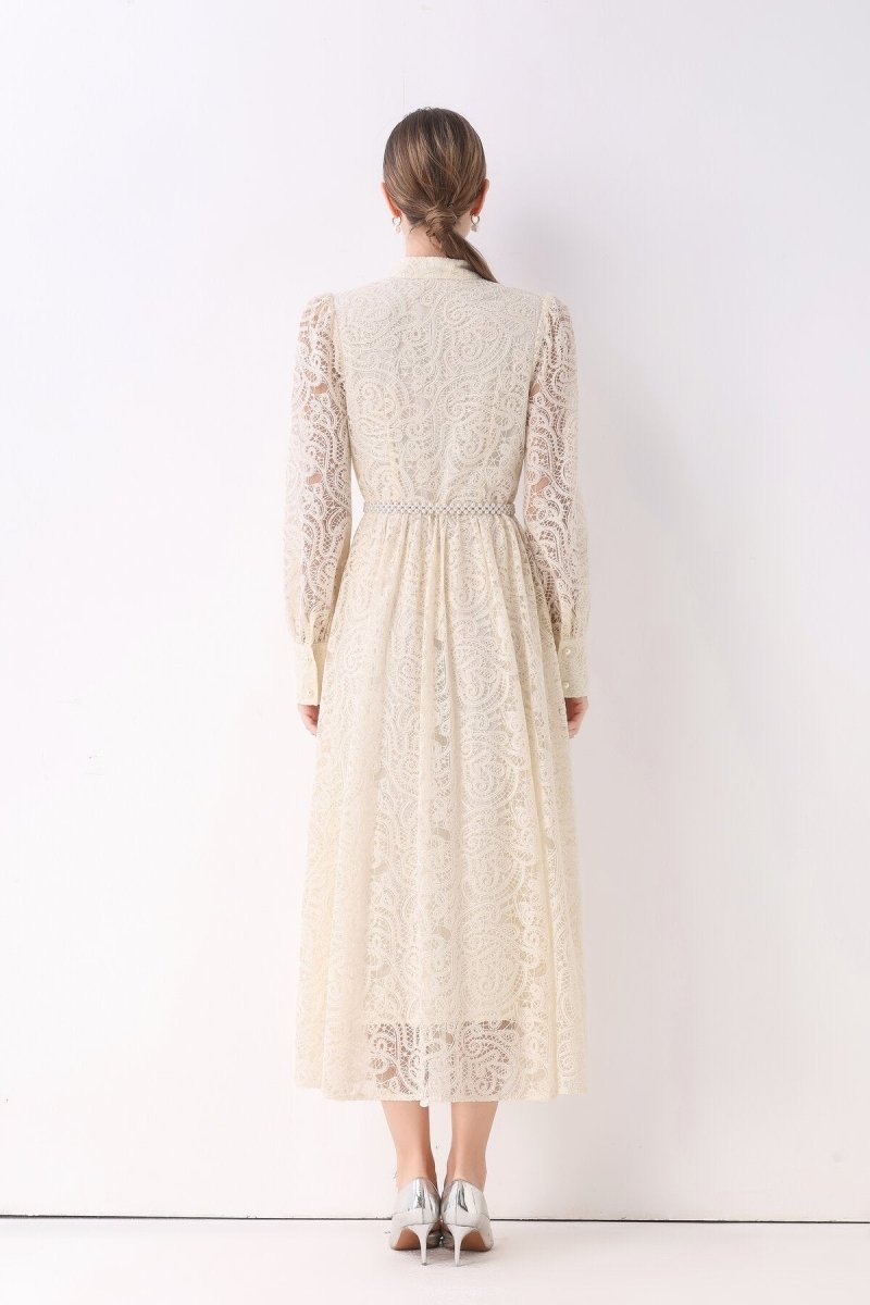 Elegant Vintage Lace Pearl Belt Maxi Dress