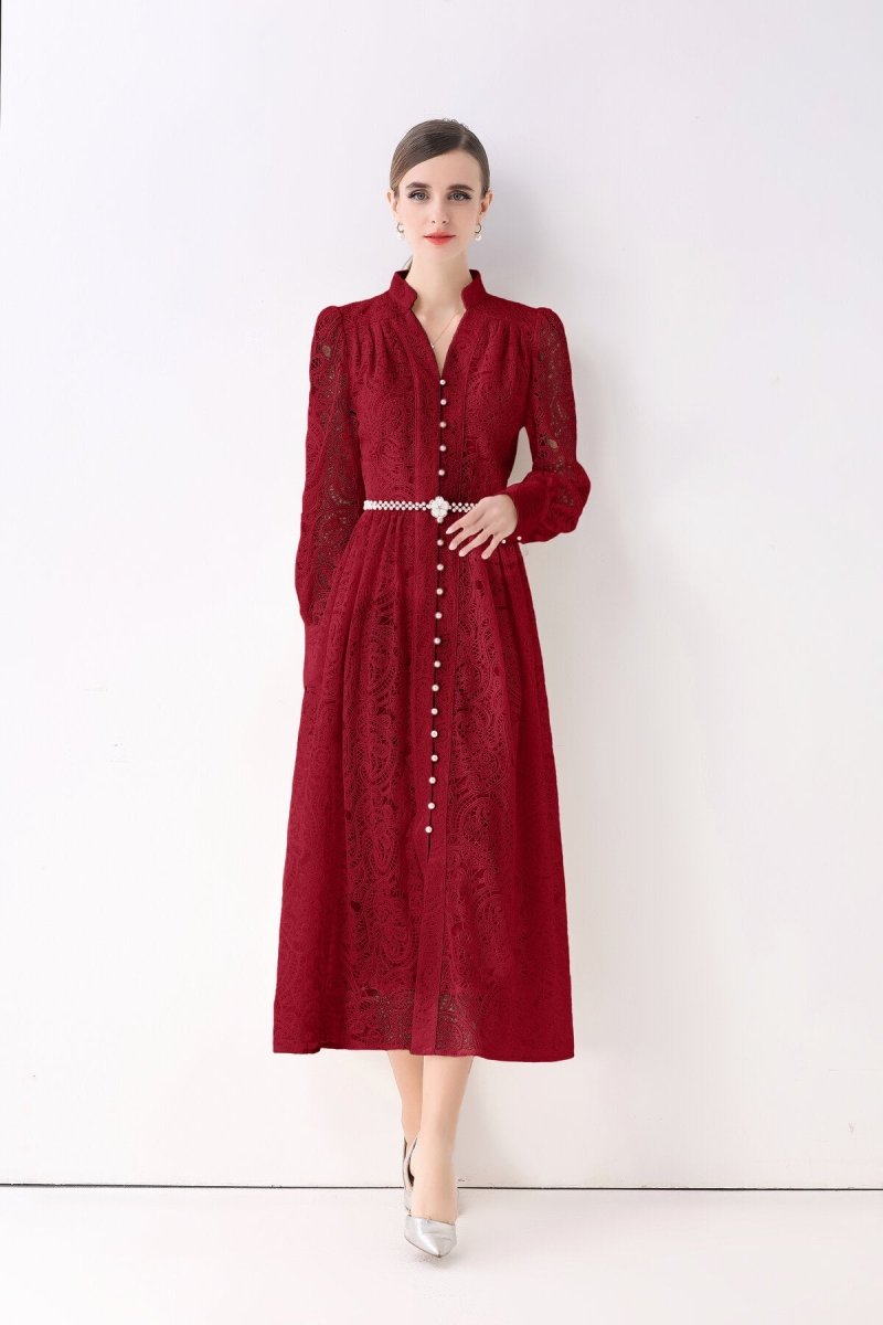 Elegant Vintage Lace Pearl Belt Maxi Dress