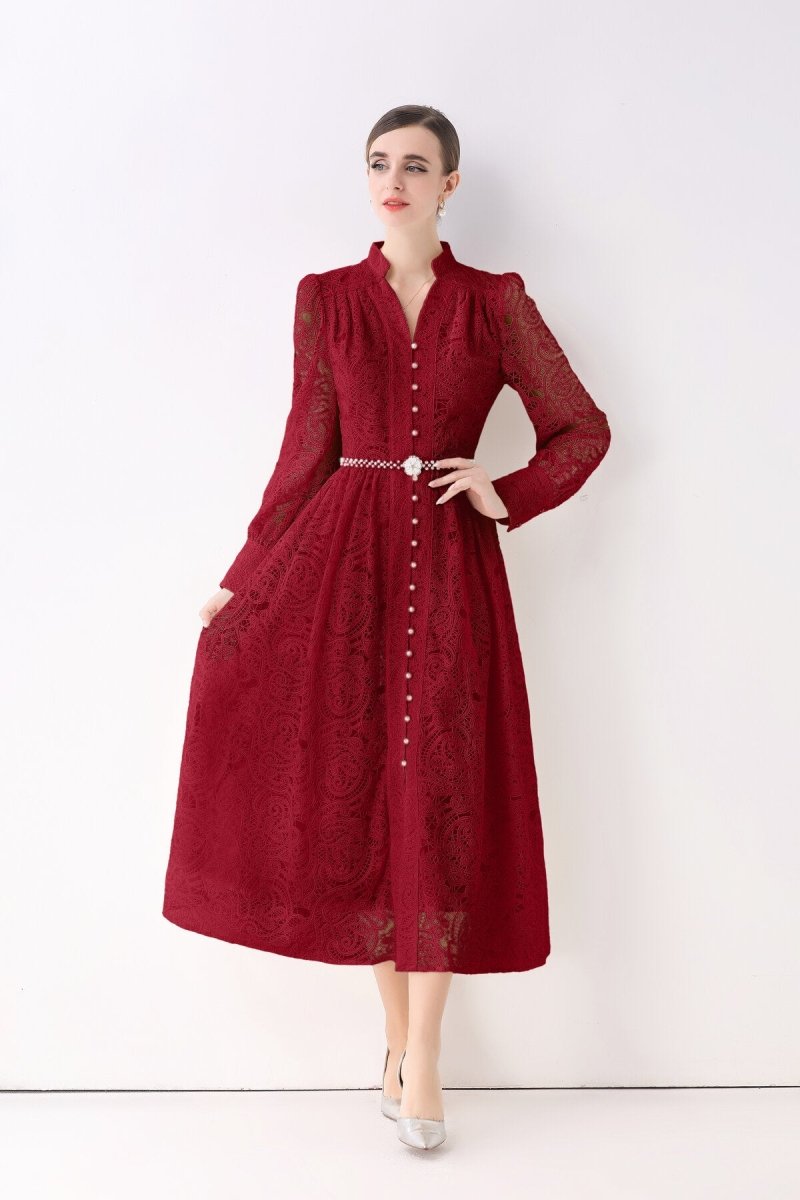 Elegant Vintage Lace Pearl Belt Maxi Dress
