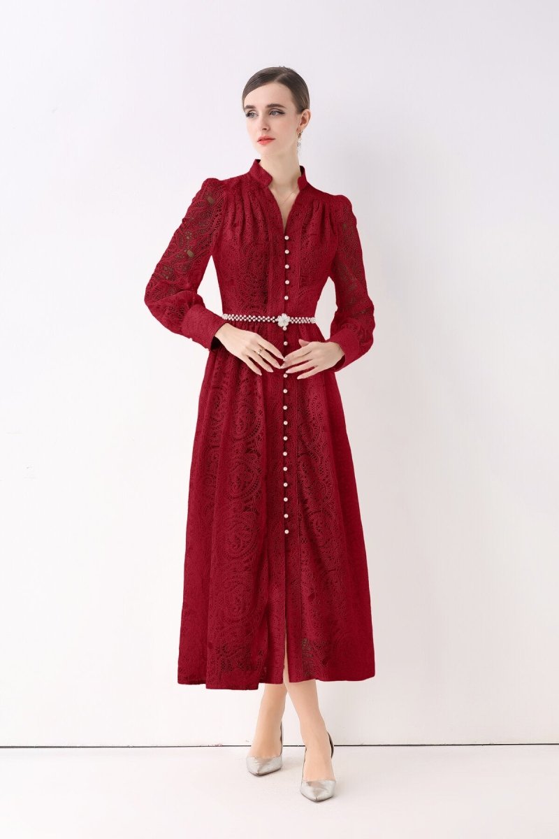 Elegant Vintage Lace Pearl Belt Maxi Dress
