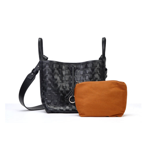 Embossed Calfskin Leather Bucket Bag Set – 2-in-1 Drawstring Crossbody Bag with Canvas Pouch