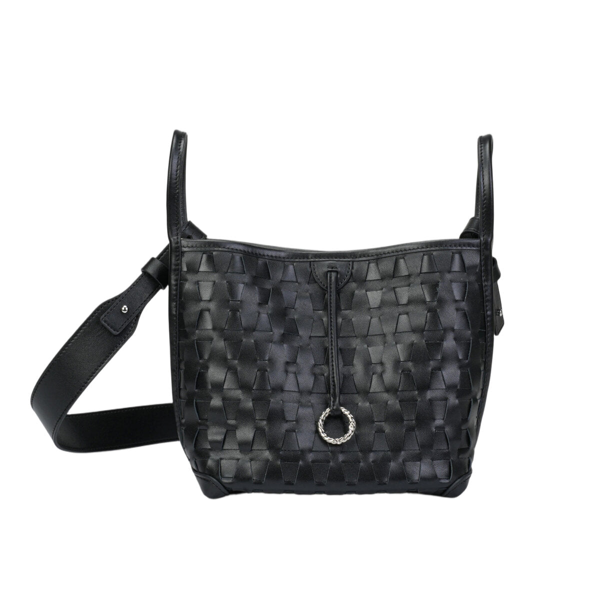 Embossed Calfskin Leather Bucket Bag Set – 2-in-1 Drawstring Crossbody Bag with Canvas Pouch