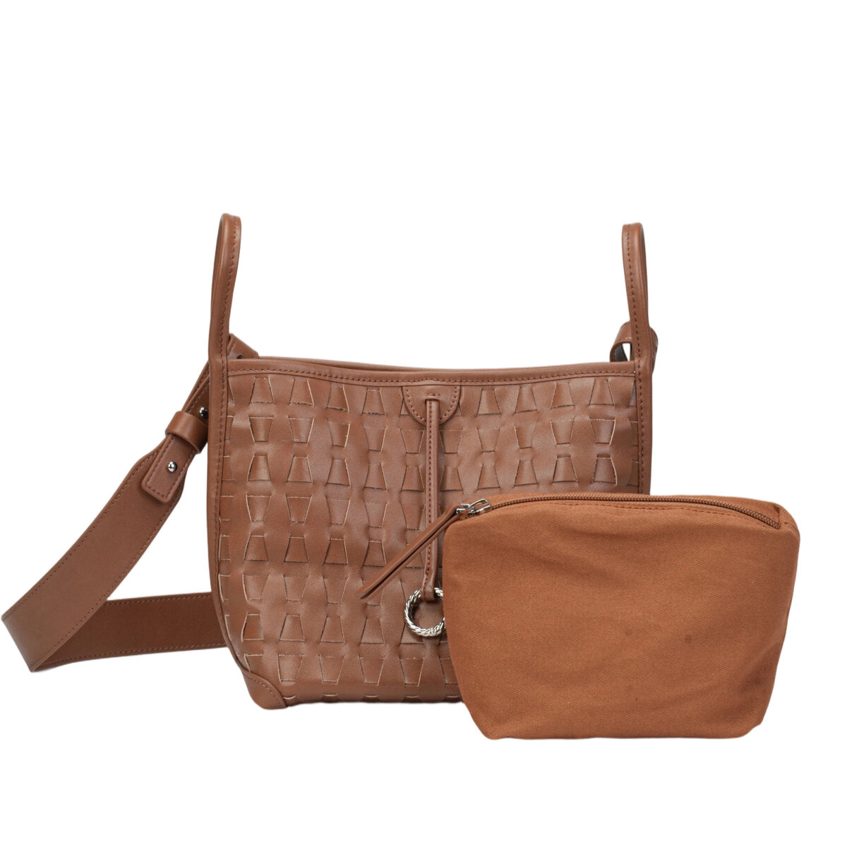 Embossed Calfskin Leather Bucket Bag Set – 2-in-1 Drawstring Crossbody Bag with Canvas Pouch