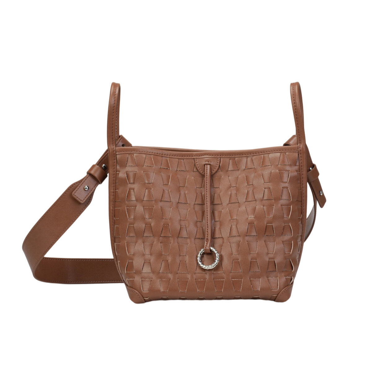 Embossed Calfskin Leather Bucket Bag Set – 2-in-1 Drawstring Crossbody Bag with Canvas Pouch