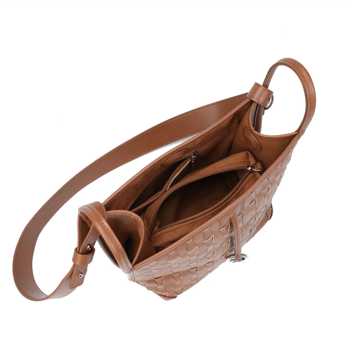 Embossed Calfskin Leather Bucket Bag Set – 2-in-1 Drawstring Crossbody Bag with Canvas Pouch