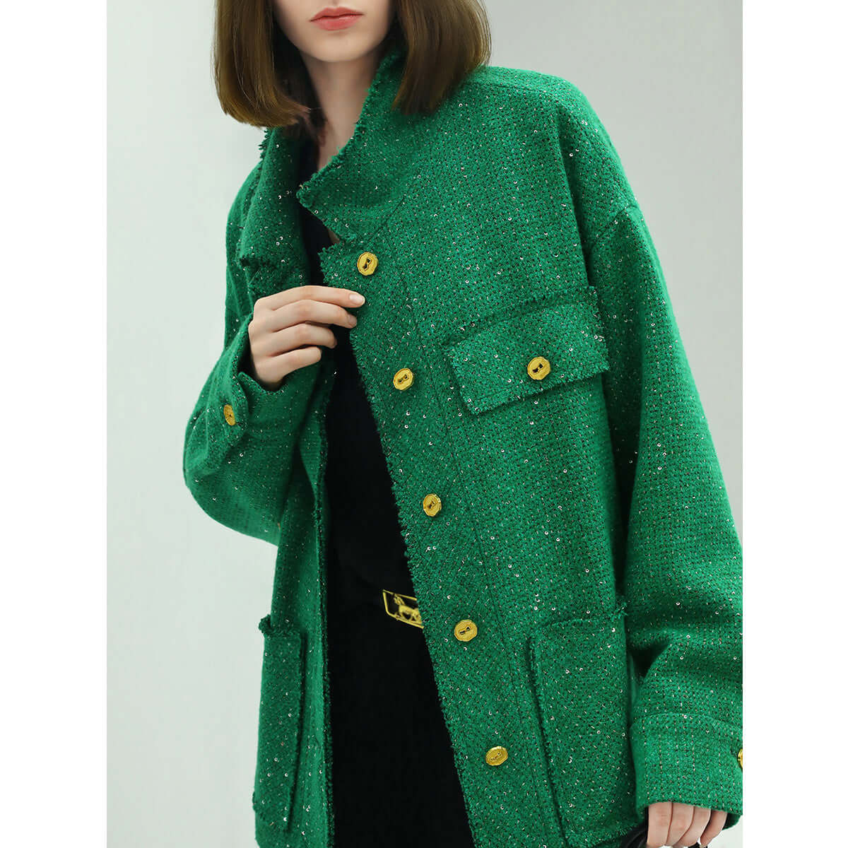 emerald green single breasted tweed coat with gold buttons all green 2