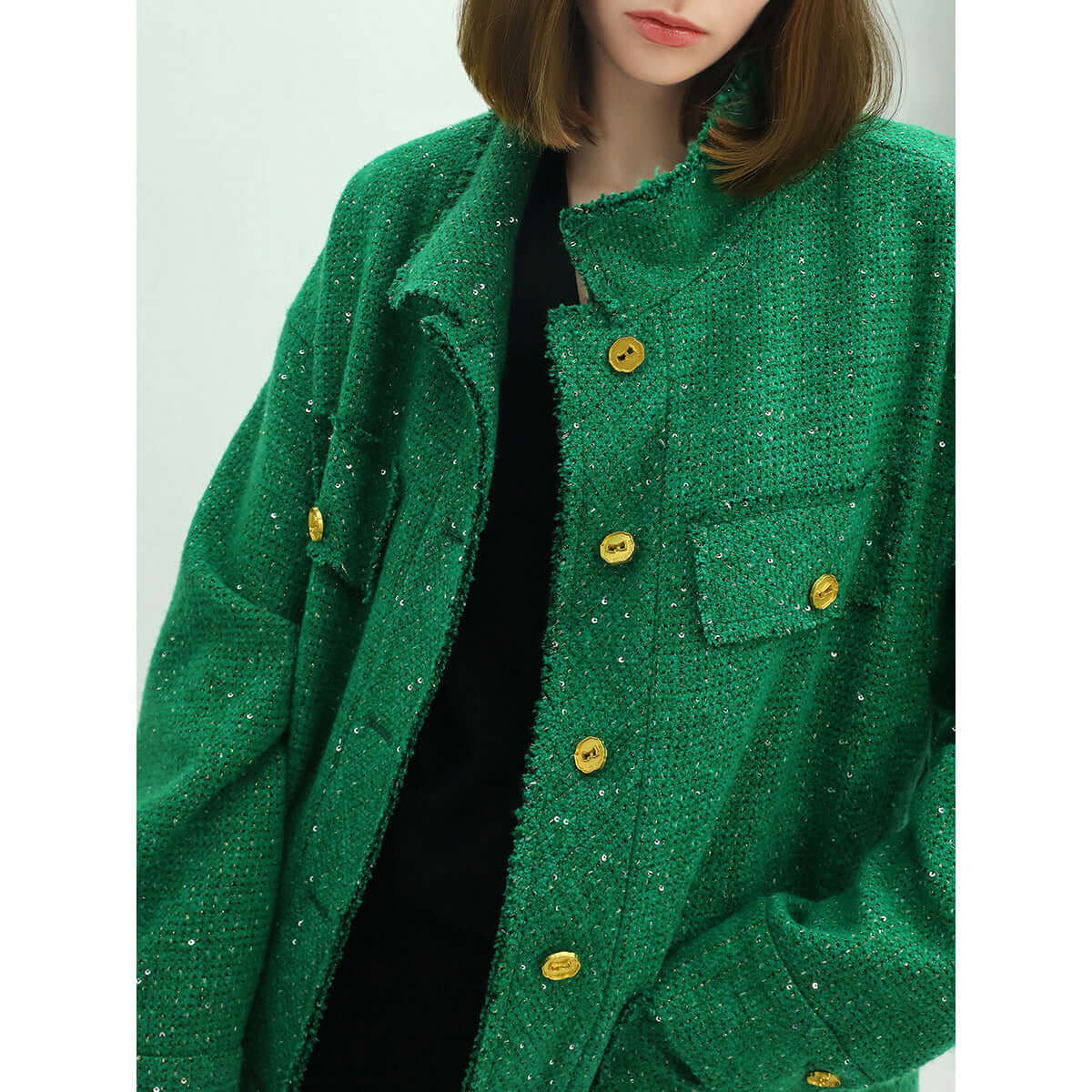 emerald green single breasted tweed coat with gold buttons all green 3