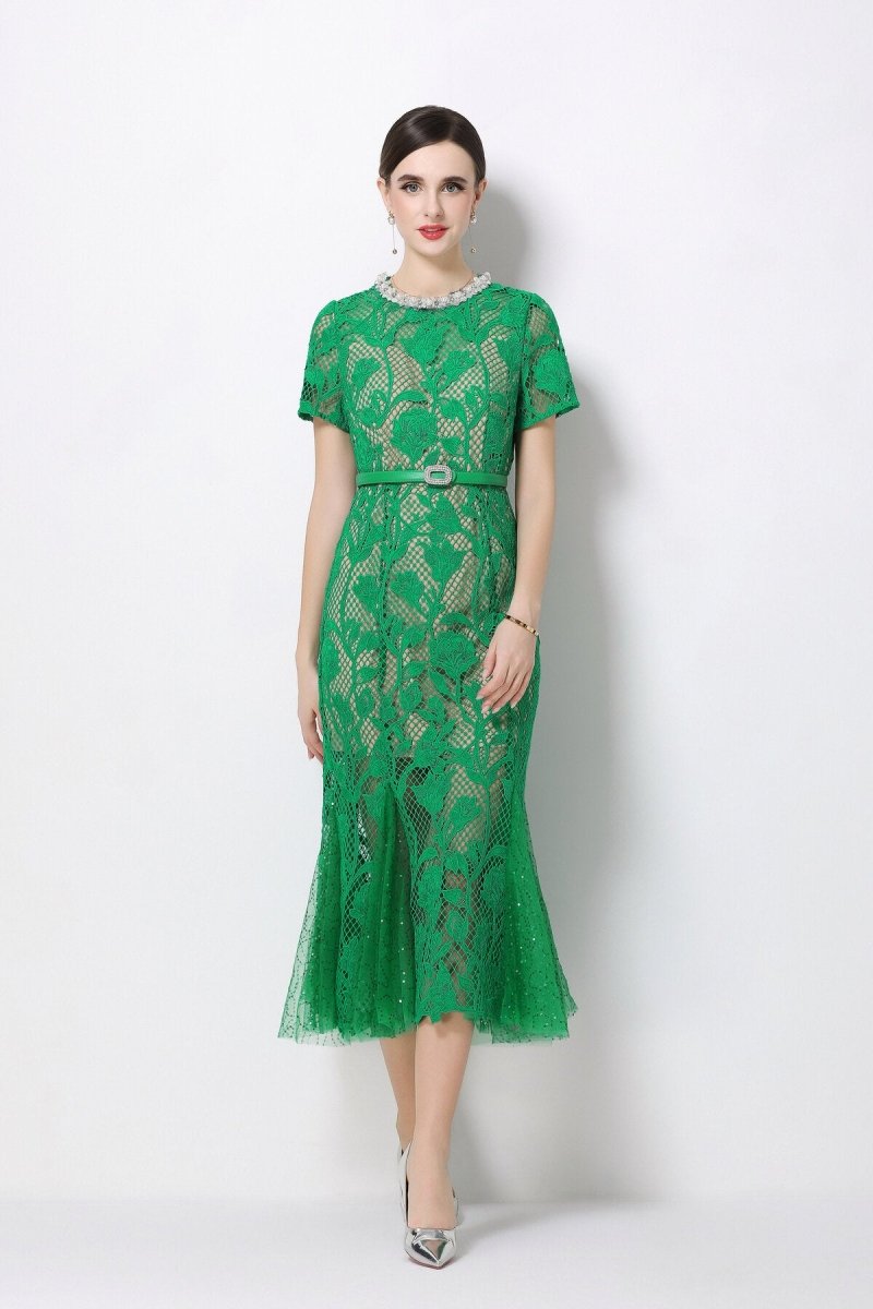 Emerald Royale Crystal Collar Lace Mermaid Dress
