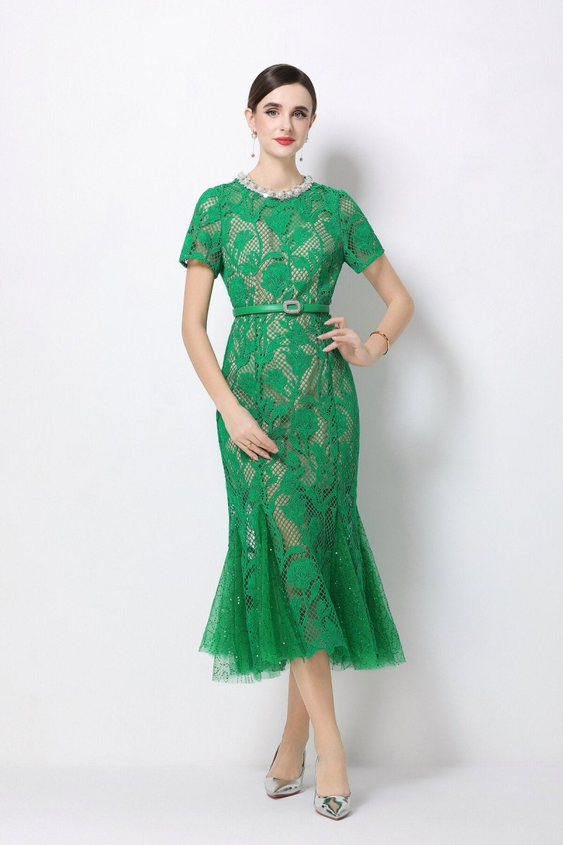 Emerald Royale Crystal Collar Lace Mermaid Dress