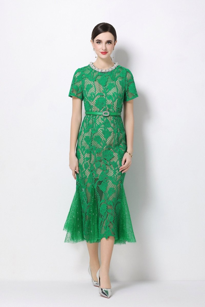 Emerald Royale Crystal Collar Lace Mermaid Dress