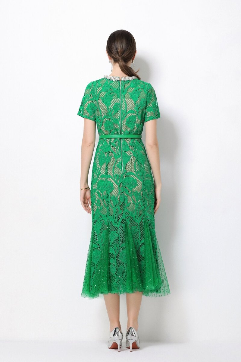 Emerald Royale Crystal Collar Lace Mermaid Dress
