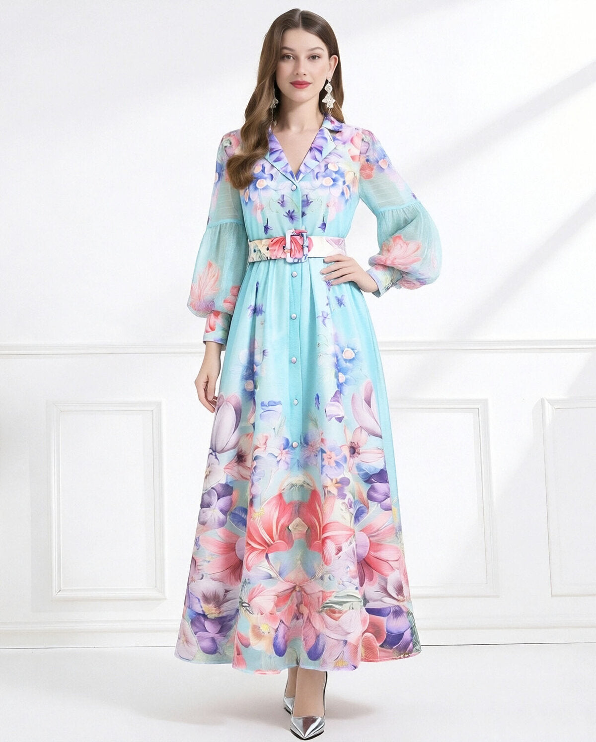 Enchanted Bloom Belted Chiffon Maxi Dress